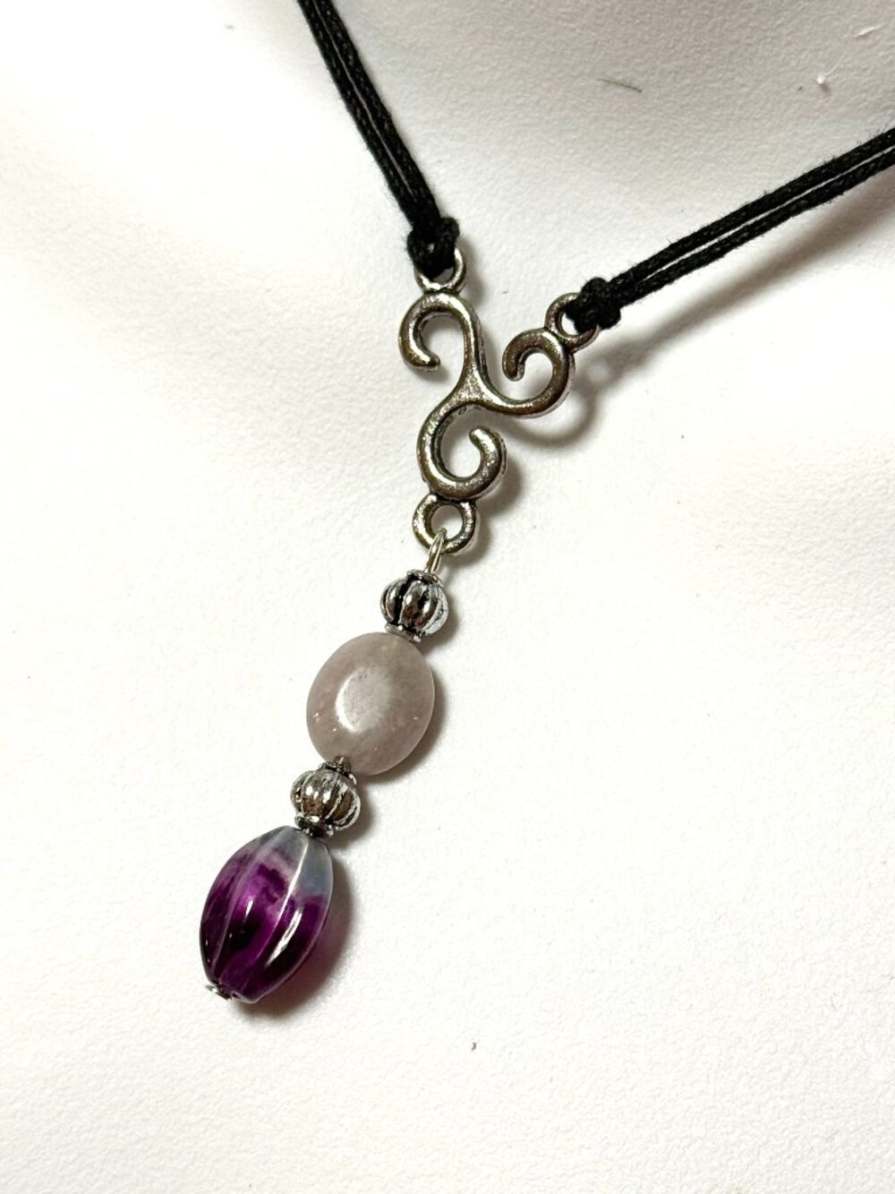 2/$20, Fluorite & Lepidolite Short Necklace, Purple Gemstone Black Cord Necklace